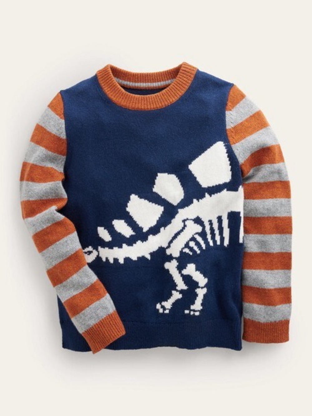 Mini Boden Fun Logo Sweater in College Navy Blue Dinosaur Stripe Size 7-8 Years
